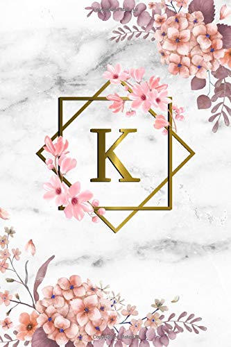 K: Cute Initial Monogram Letter K College Ruled Notebook. Pretty Personalized Medium Lined Journal & Diary for Writing & Note Taking for Girls and Women - Grey Marble & Gold Pink Floral Print