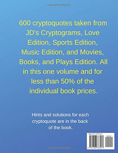 Large Print Cryptogram Puzzle Book: 600 Cryptoquotes about Sports, Movies, Theater, Books, Love, and Music