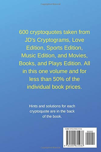 Travel Size Cryptogram Puzzle Book: 600 Cryptoquotes about Sports, Movies, Theater, Books, Love, and Music