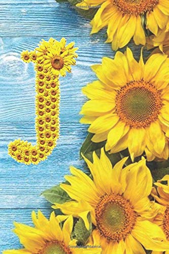 J: Sunflower Personalized Initial Letter J Monogram Blank Lined Notebook,Journal and Diary with a Rustic Blue Wood Background