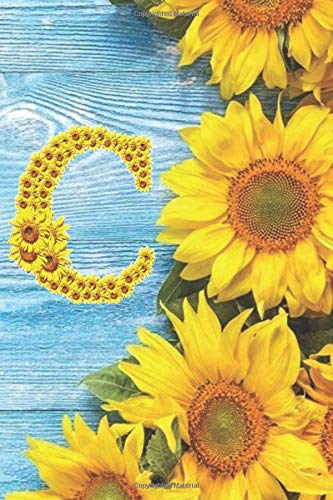 C: Sunflower Personalized Initial Letter C Monogram Blank Lined Notebook,Journal and Diary with a Rustic Blue Wood Background