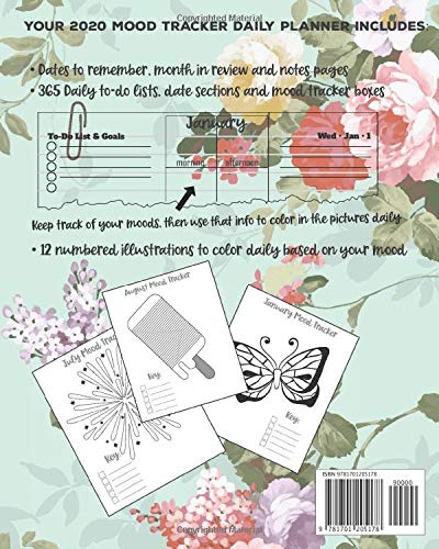 2020 Daily Planner with Mood Tracker Charts: Pretty Floral Daily Calendar Notebook to Track Moods and Plan Days