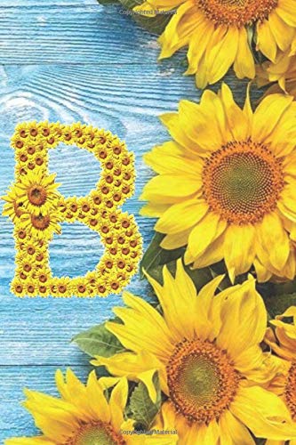 B: Sunflower Personalized Initial Letter B Monogram Blank Lined Notebook,Journal and Diary with a Rustic Blue Wood Background