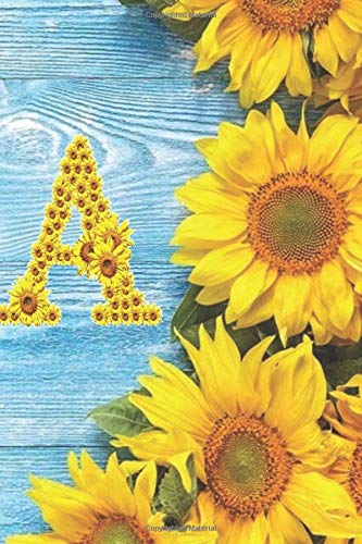 A: Sunflower Personalized Initial Letter A Monogram Blank Lined Notebook,Journal and Diary with a Rustic Blue Wood Background