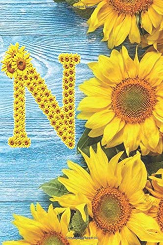 N: Sunflower Personalized Initial Letter N Monogram Blank Lined Notebook,Journal and Diary with a Rustic Blue Wood Background