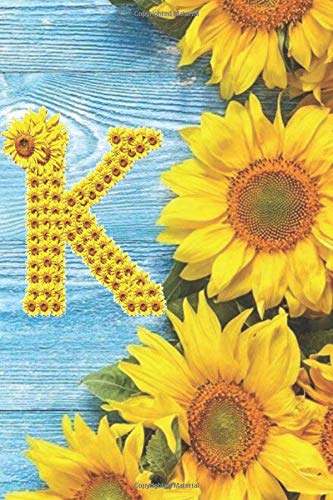 K: Sunflower Personalized Initial Letter K Monogram Blank Lined Notebook,Journal and Diary with a Rustic Blue Wood Background