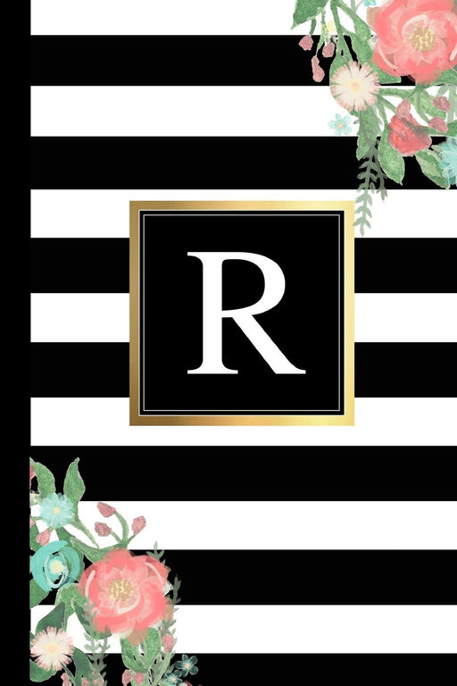 R: Black and white Stripes & Flowers, Floral Personal Letter R Monogram, Customized Initial Journal, Monogrammed Notebook, Lined 6x9 inch College Ruled, perfect bound, Glossy Soft Cover Diary
