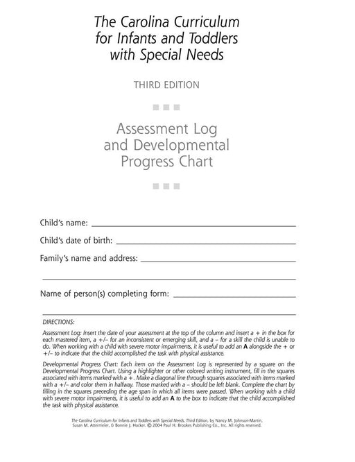 The Carolina Curriculum for Infants and Toddlers with Special Needs: Assessment Log and Developmental Progress Charts (10-Pack)