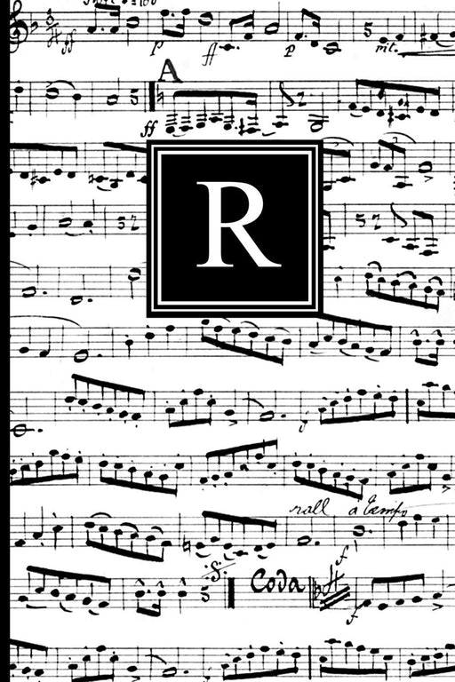 R: Musical Letter R Monogram Music Notebook, Black and White Music Notes cover, Personal Name Initial Personalized Journal, 6x9 inch blank lined college ruled notebook diary, perfect bound, Soft Cover