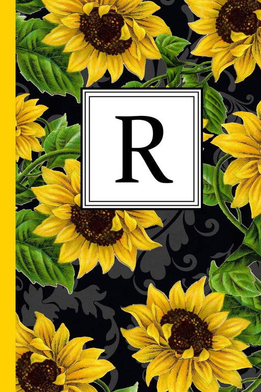 R: Floral Letter R Monogram personalized Journal, Black & Yellow Sunflower pattern Monogrammed Notebook, Lined 6x9 inch College Ruled 120 page perfect bound Glossy Soft Cover